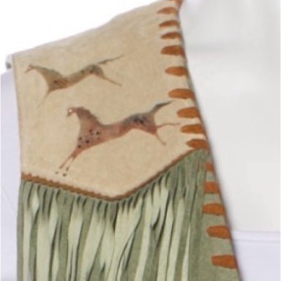 Patricia wolf hand painted leather fringe vest native american Indian ponies M - Picture 6 of 7